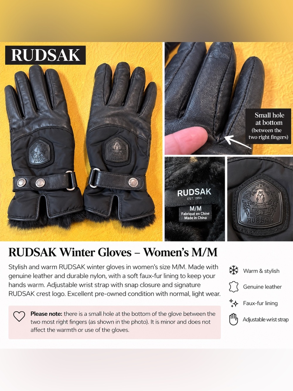 RUDSAK Black Leather & Nylon Gloves with Faux-Fur Cuff